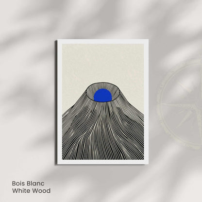 Affiche montagne japonaise soleil bleu — art mural japandi fond crème