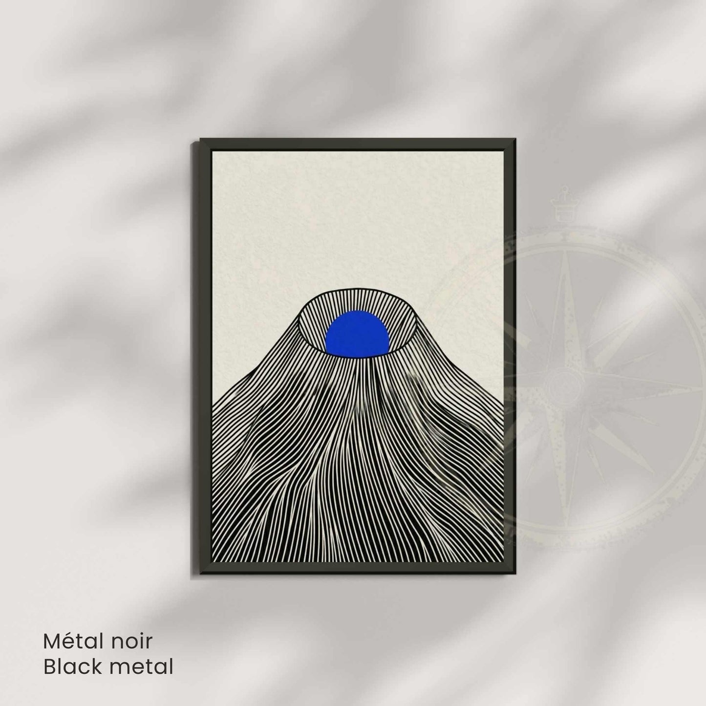 Affiche montagne japonaise soleil bleu — art mural japandi fond crème