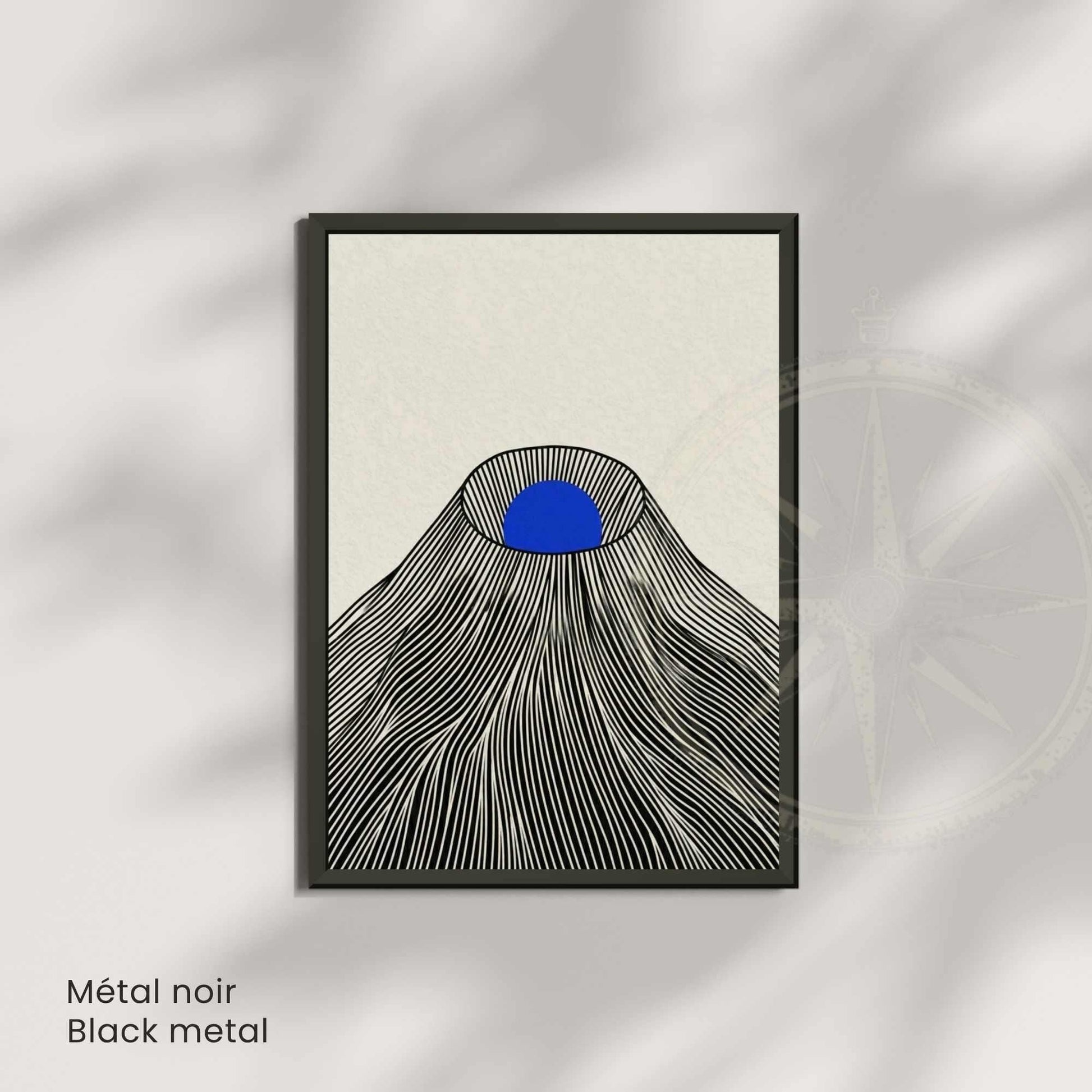 Affiche montagne japonaise soleil bleu — art mural japandi fond crème