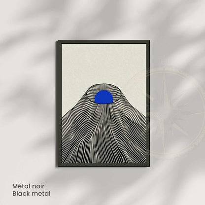 Affiche montagne japonaise soleil bleu — art mural japandi fond crème