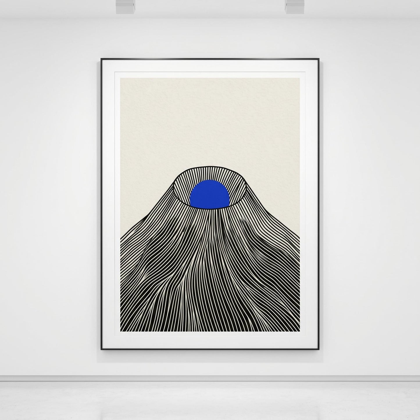 Affiche montagne japonaise soleil bleu — art mural japandi fond crème