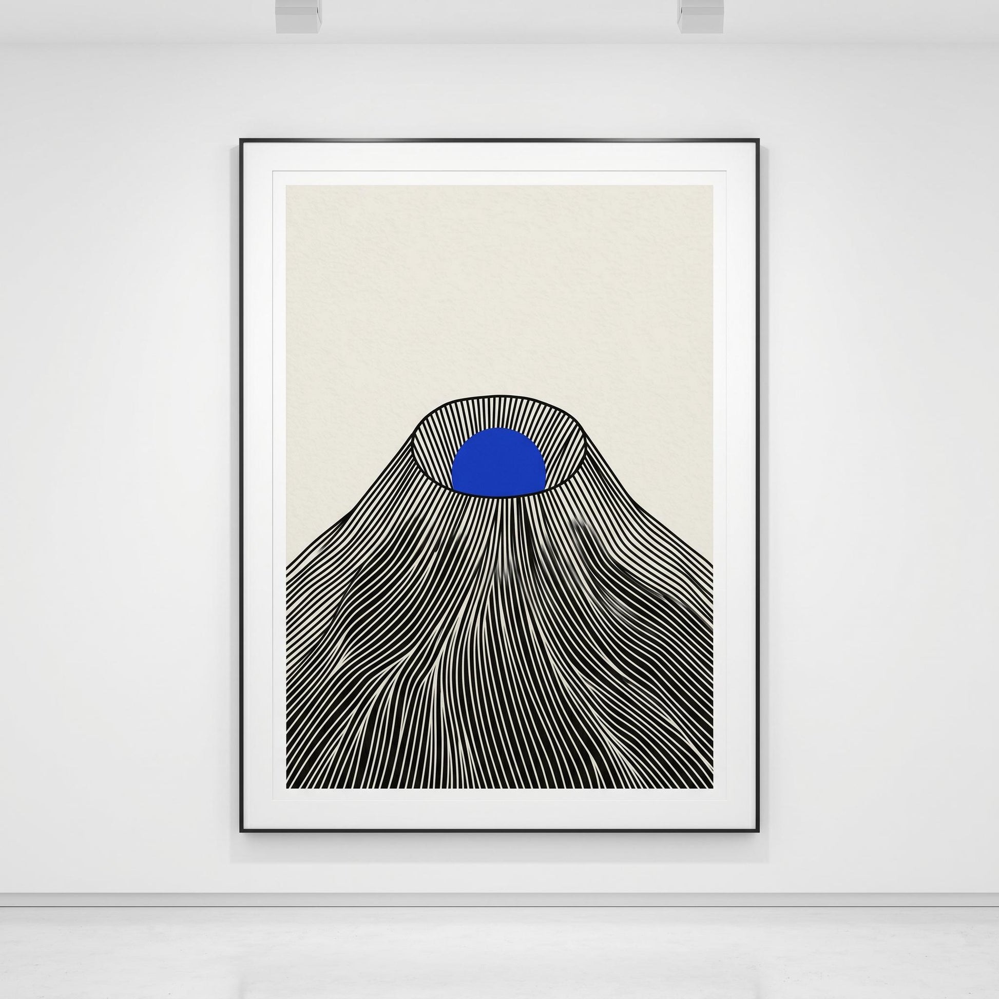 Affiche montagne japonaise soleil bleu — art mural japandi fond crème