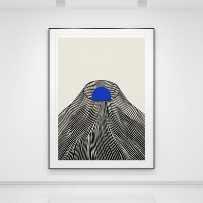 Affiche montagne japonaise soleil bleu — art mural japandi fond crème