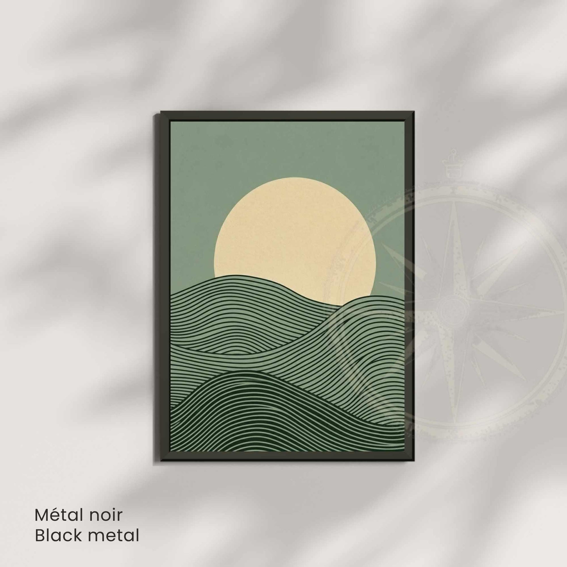 Affiche paysage vagues vertes lune crème — art mural japandi minimaliste