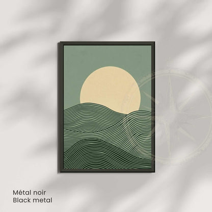 Affiche paysage vagues vertes lune crème — art mural japandi minimaliste