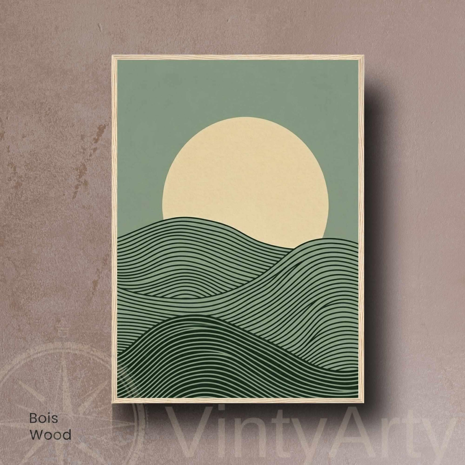 Affiche paysage vagues vertes lune crème — art mural japandi minimaliste