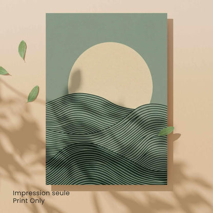 Green landscape wall art unframed, sage green wave lines cream moon print