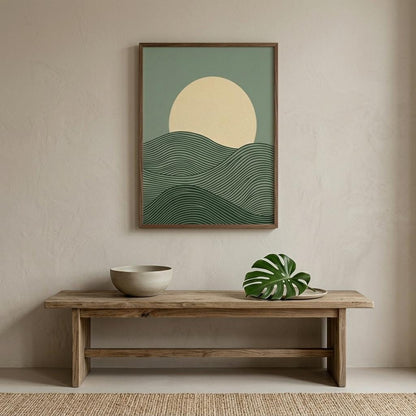 Affiche paysage vagues vertes lune crème — art mural japandi minimaliste