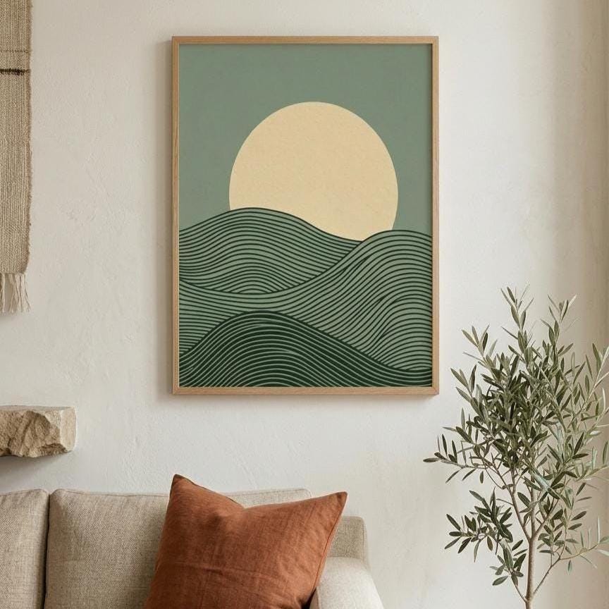 Minimalist green hills moon poster, curved line art japandi natural wood frame
