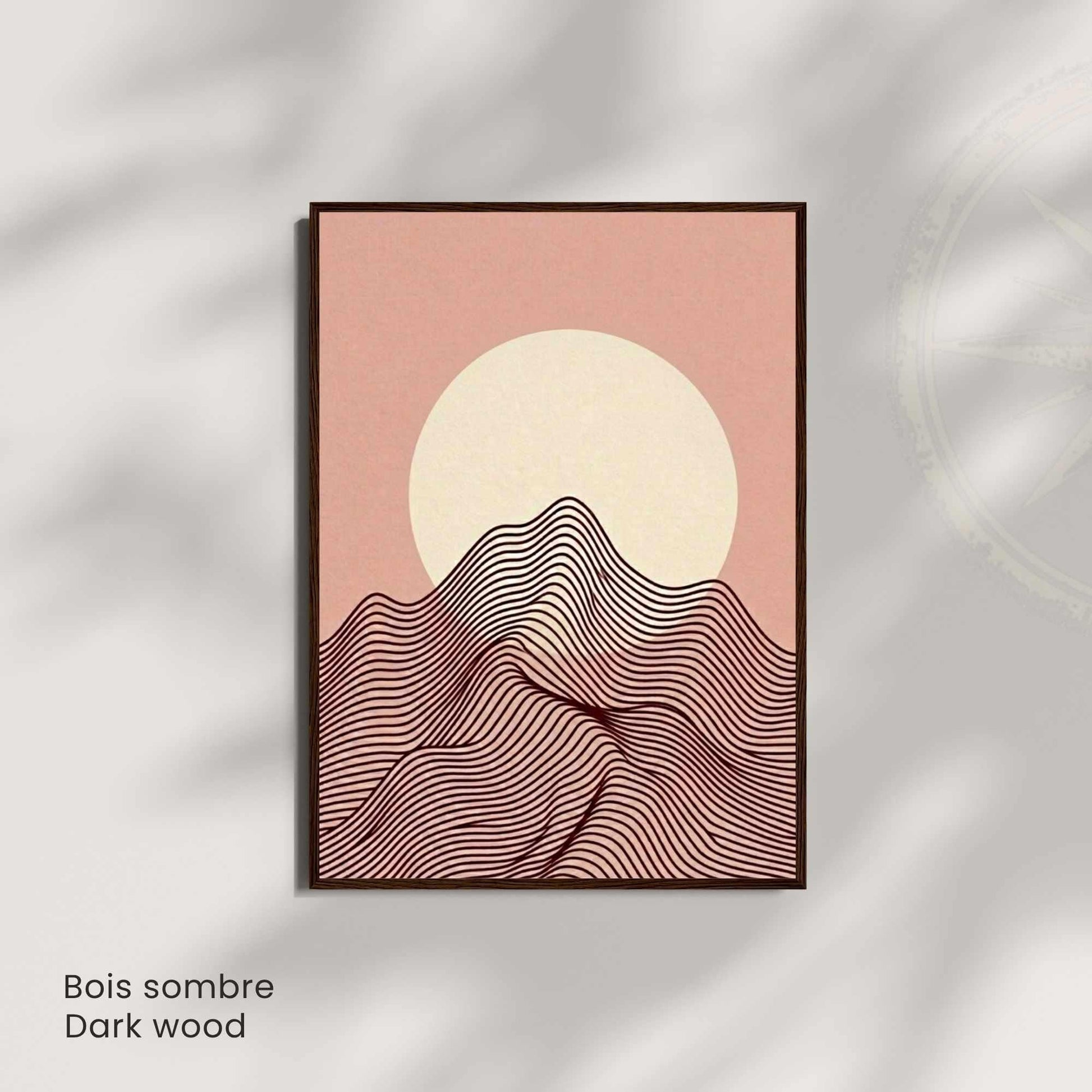 Affiche paysage montagne rose poudré lune crème — art mural minimaliste boho