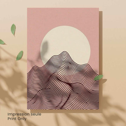 Affiche paysage montagne rose poudré lune crème — art mural minimaliste boho