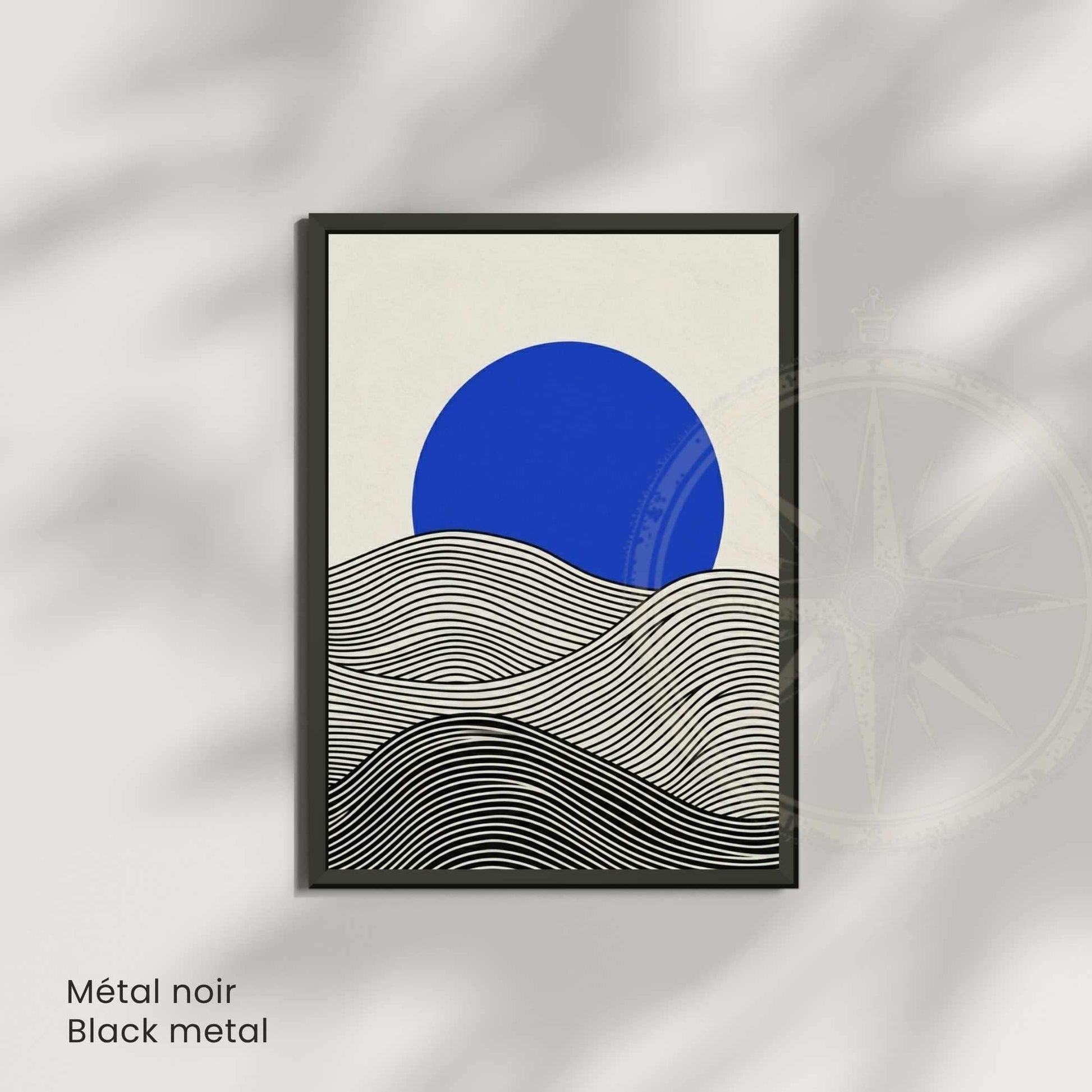 Affiche paysage vagues noir crème soleil bleu — art mural minimaliste japandi