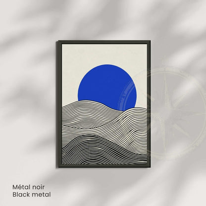 Affiche paysage vagues noir crème soleil bleu — art mural minimaliste japandi