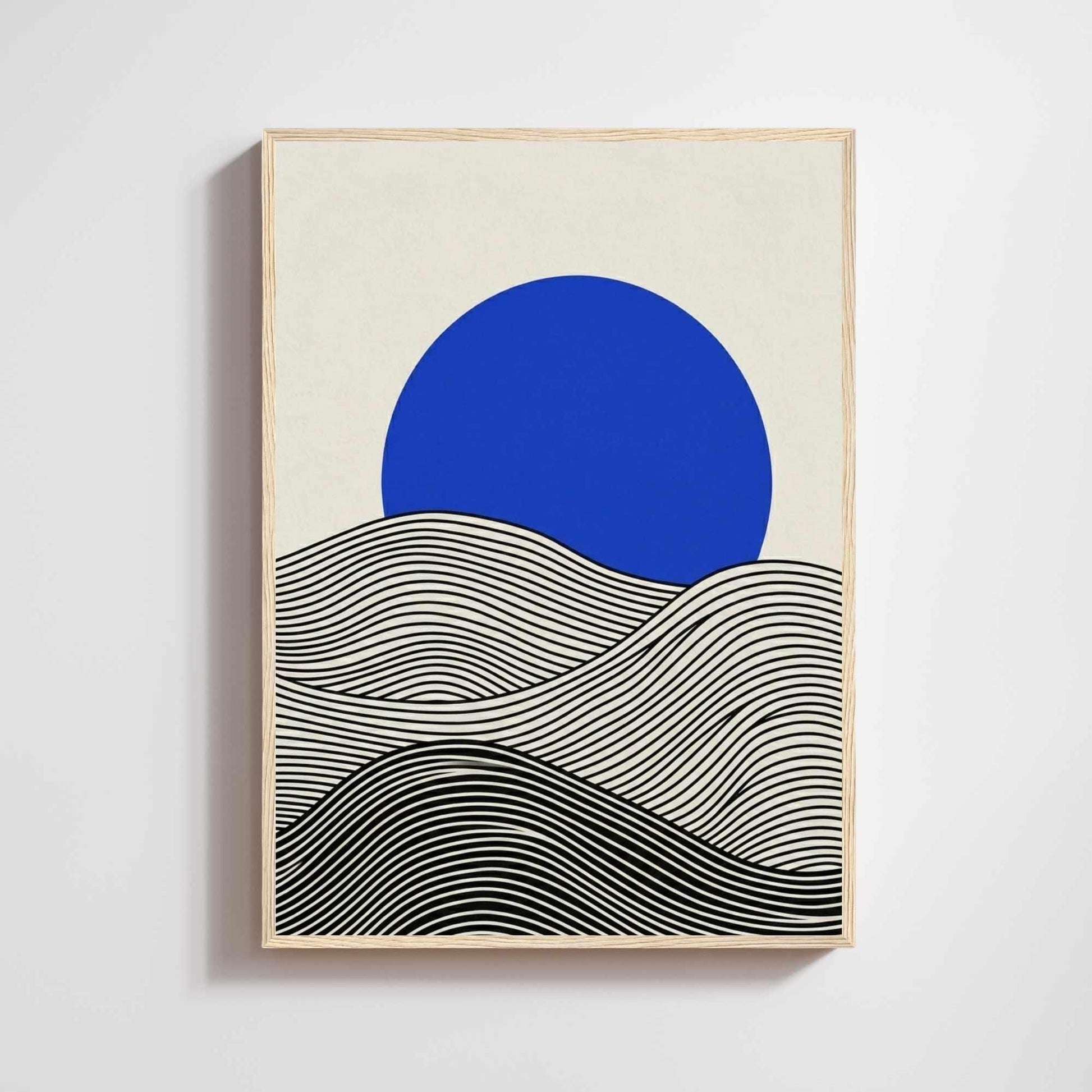 Black wave landscape print Klein blue sun, cream background japandi minimalist wall art