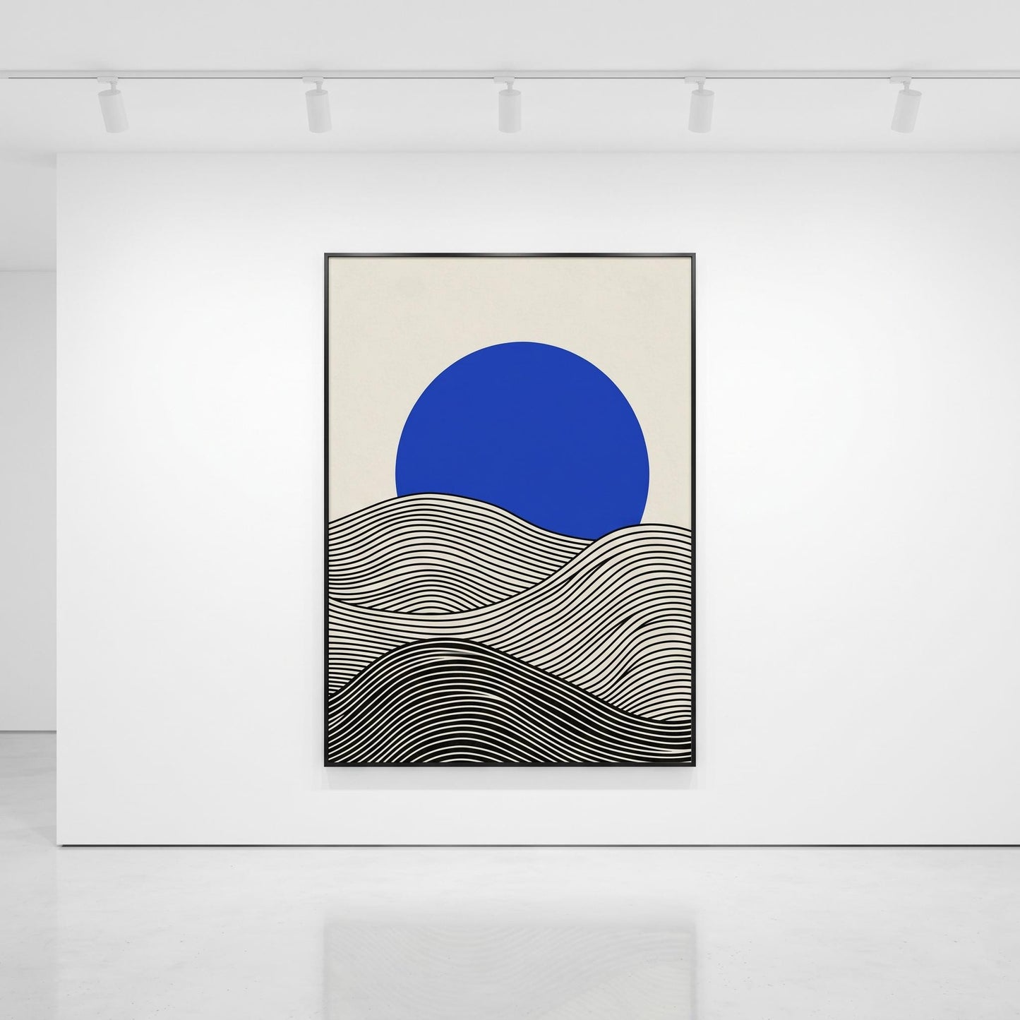 Minimalist black wave blue sun poster, curved line art japandi black metal frame