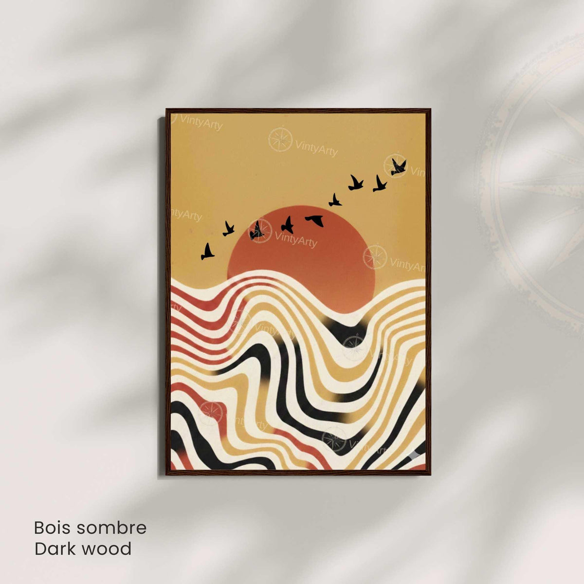 Affiche paysage vagues rétro oiseaux soleil terracotta, art mural boho vintage