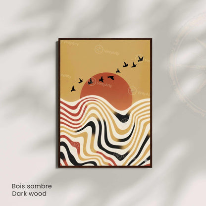 Affiche paysage vagues rétro oiseaux soleil terracotta, art mural boho vintage
