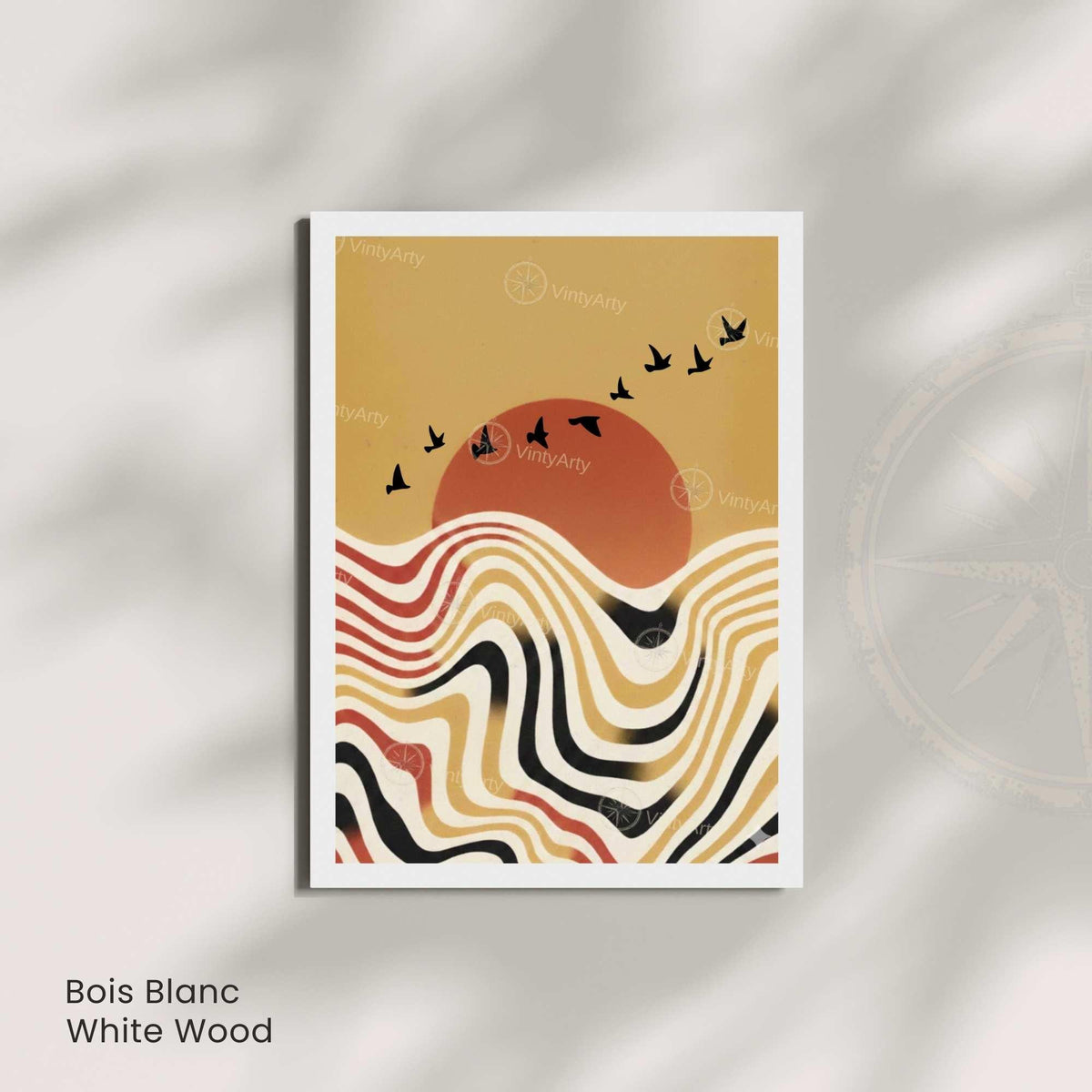 Affiche paysage vagues rétro oiseaux soleil terracotta, art mural boho vintage