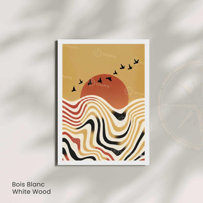 Affiche paysage vagues rétro oiseaux soleil terracotta, art mural boho vintage