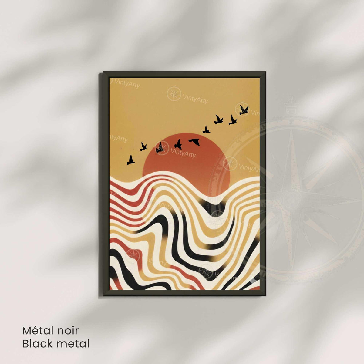 Affiche paysage vagues rétro oiseaux soleil terracotta, art mural boho vintage
