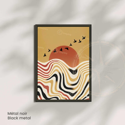 Affiche paysage vagues rétro oiseaux soleil terracotta, art mural boho vintage