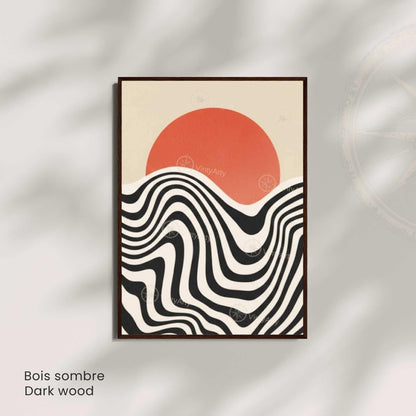 Retro sunset wave wall art unframed, coral sun black white groovy print
