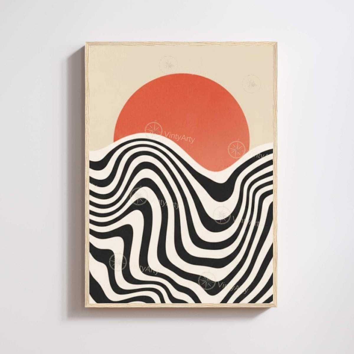 Retro sunset print coral sun black white waves, groovy 70s style wall art