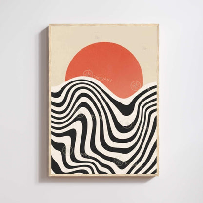 Retro sunset print coral sun black white waves, groovy 70s style wall art