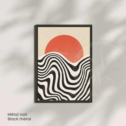 Affiche soleil couchant vagues noir et blanc, art mural rétro graphique