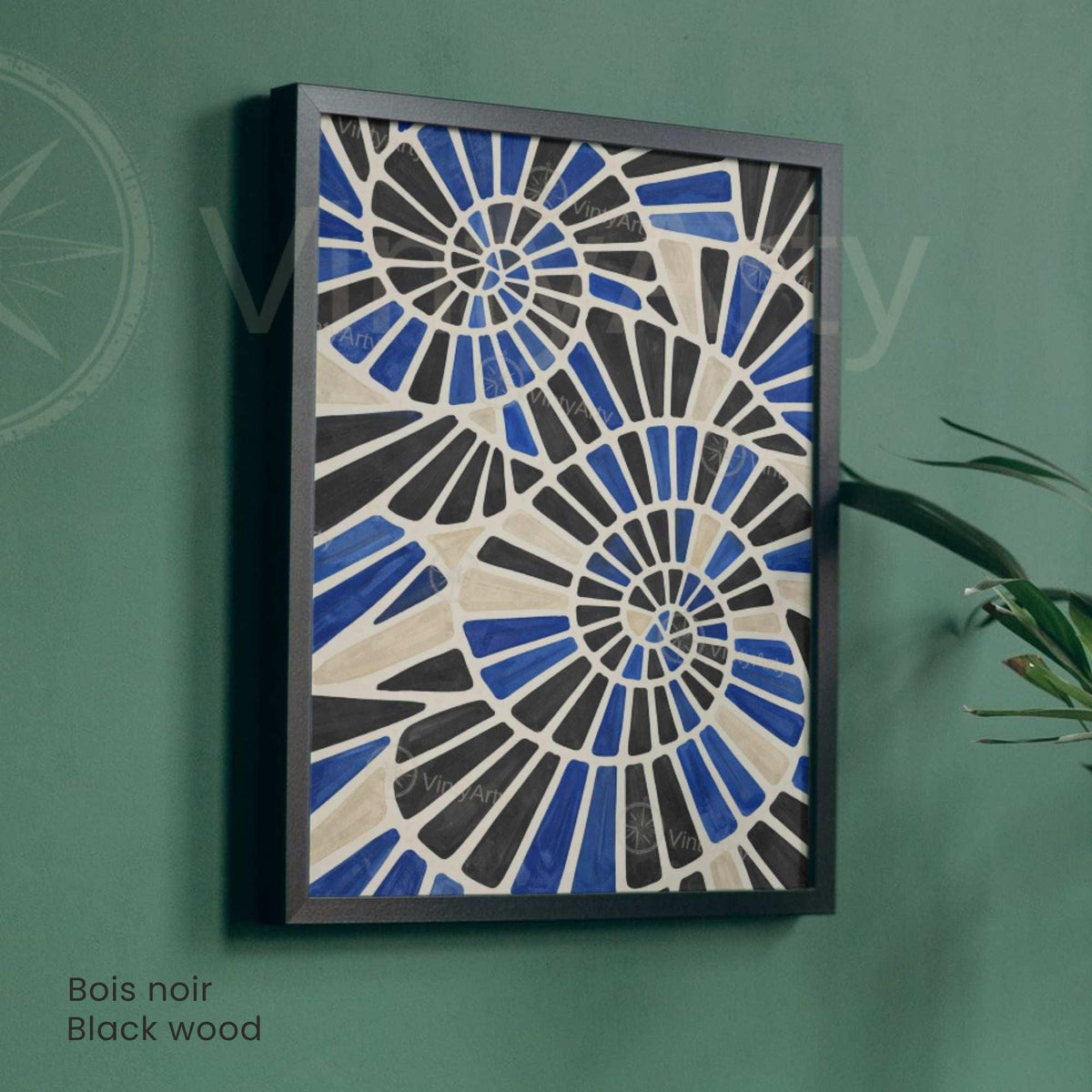 Blue black spiral mosaic poster natural wood frame, mediterranean modern decor