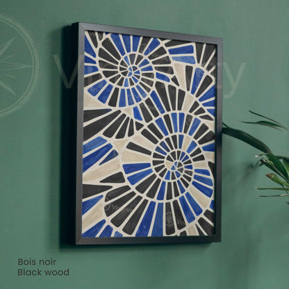 Blue black spiral mosaic poster natural wood frame, mediterranean modern decor