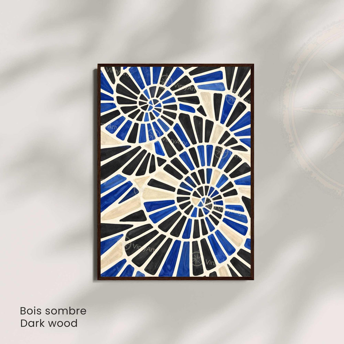 Affiche spirales abstraites bleu noir, art mural mosaïque graphique moderne