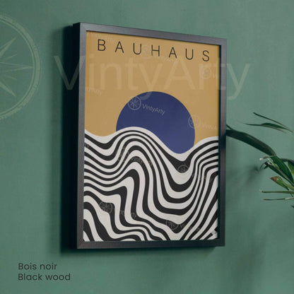 Affiche Bauhaus soleil bleu vagues, art mural exposition rétro moderne