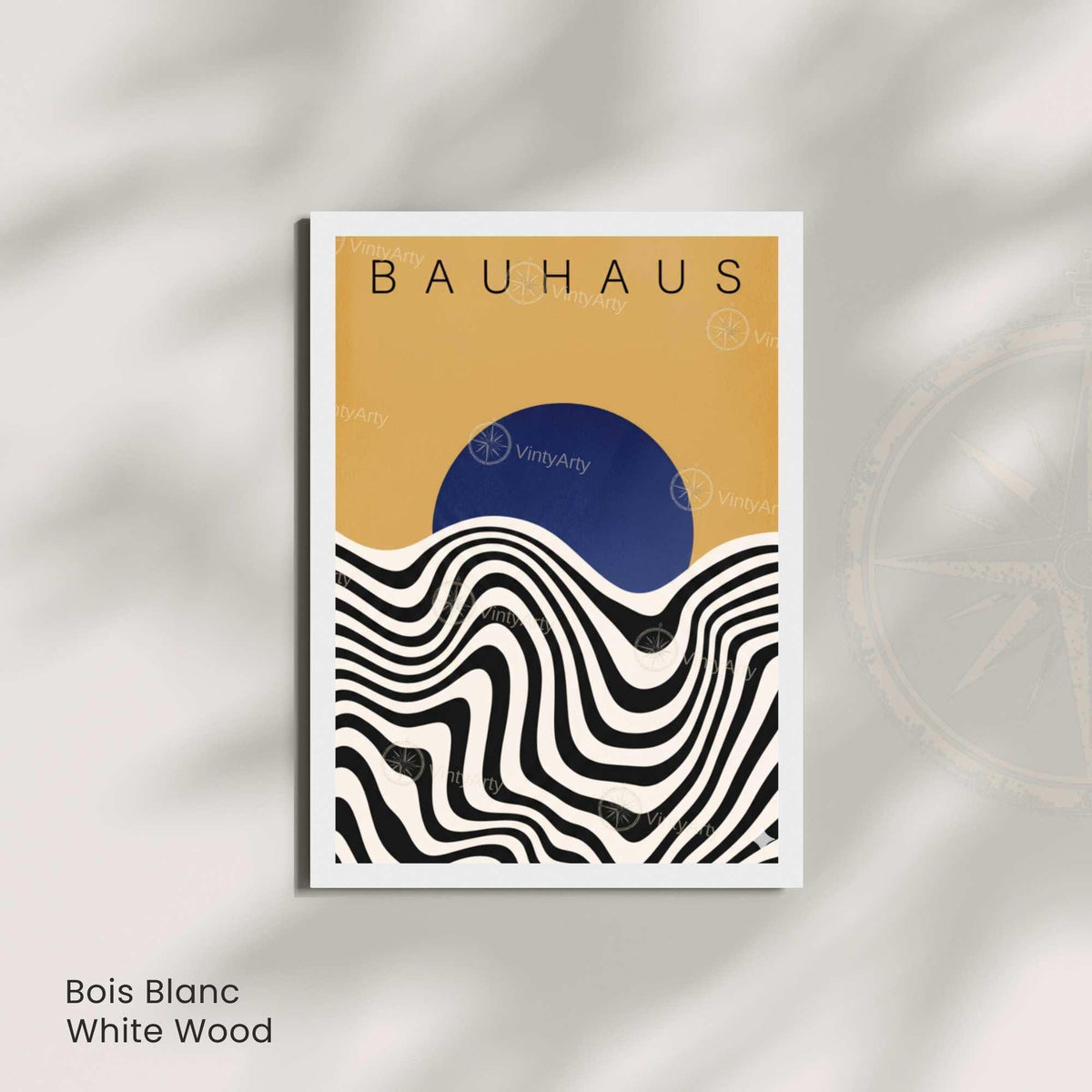 Affiche Bauhaus soleil bleu vagues, art mural exposition rétro moderne
