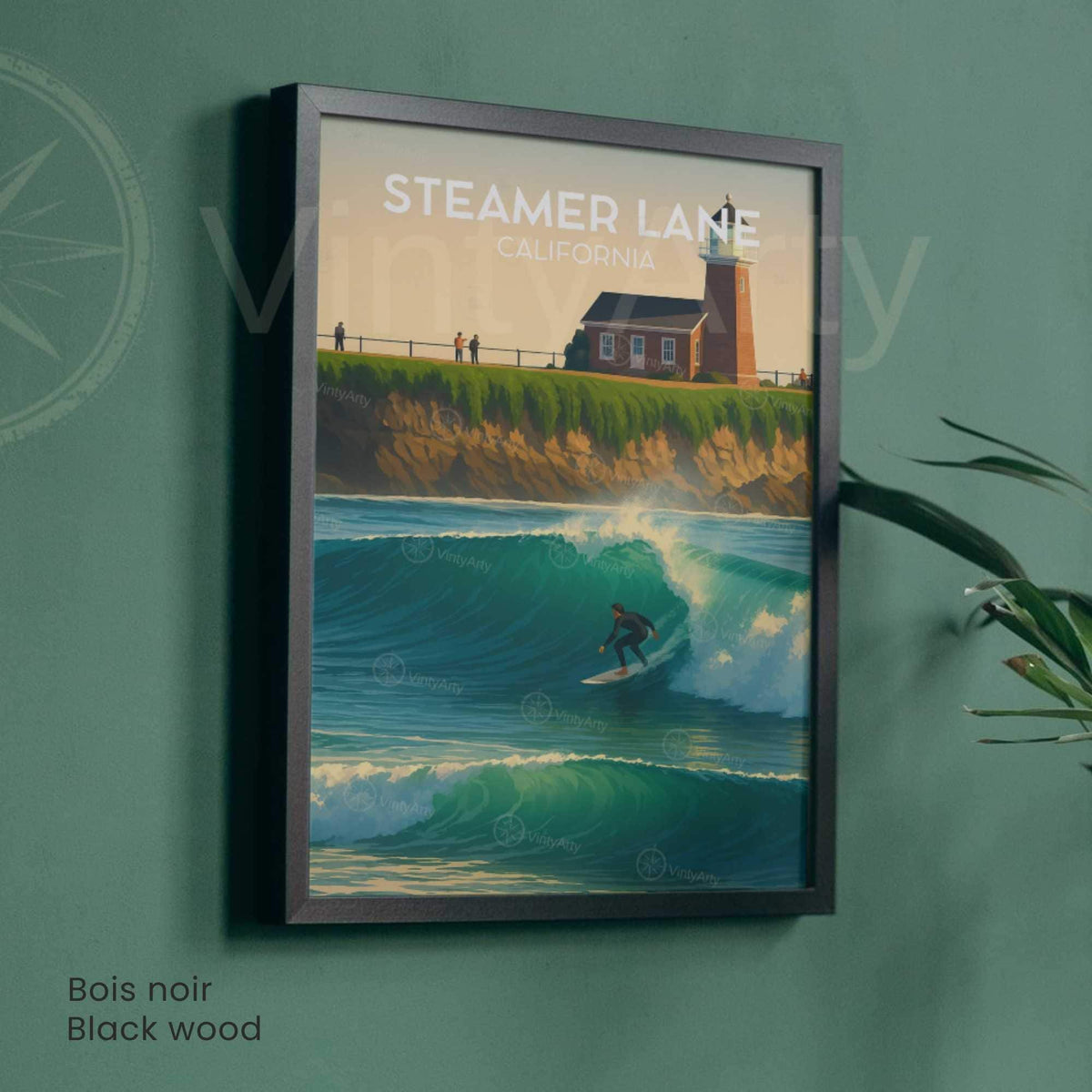 Affiche Steamer Lane Californie, poster voyage surf vintage rétro