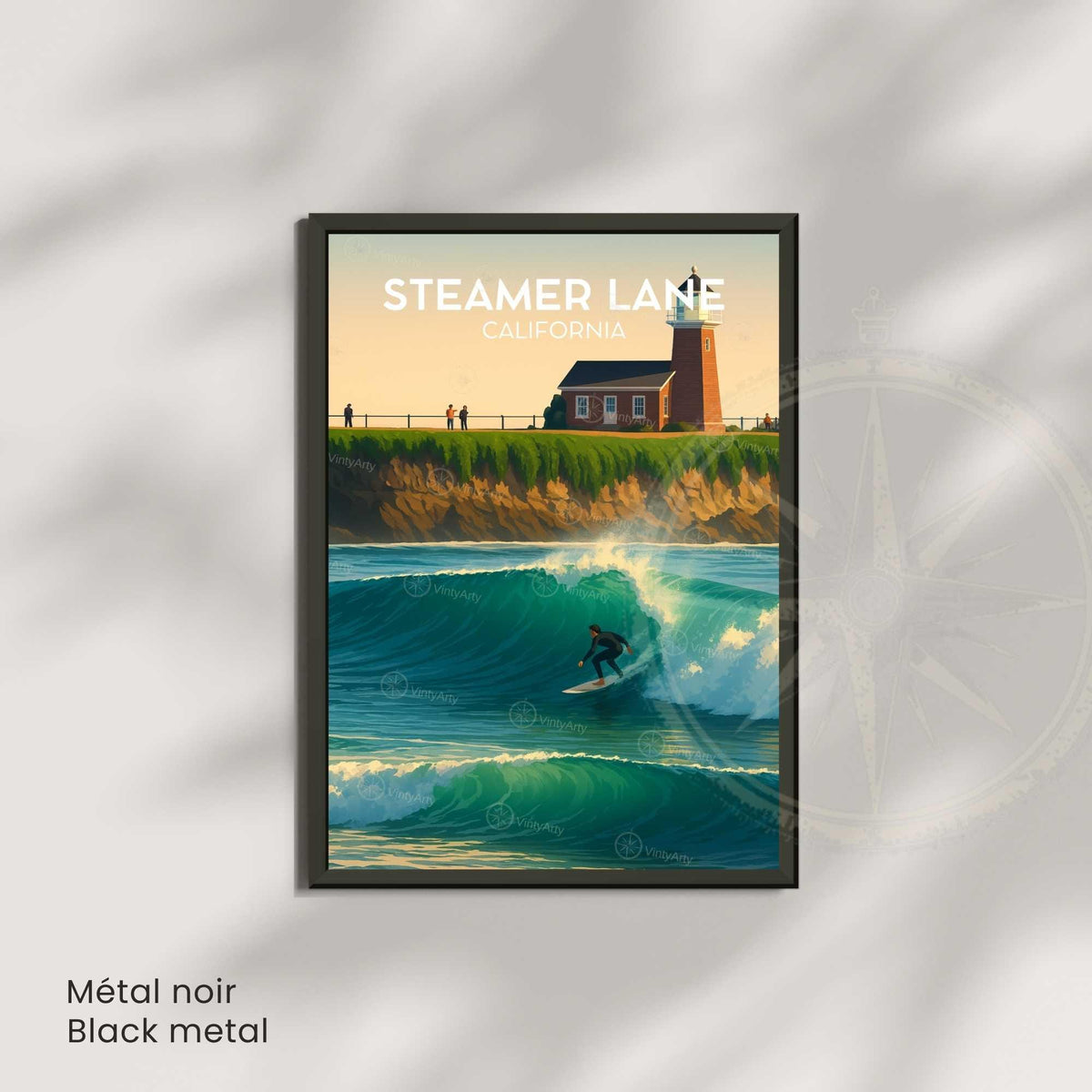 Affiche Steamer Lane Californie, poster voyage surf vintage rétro
