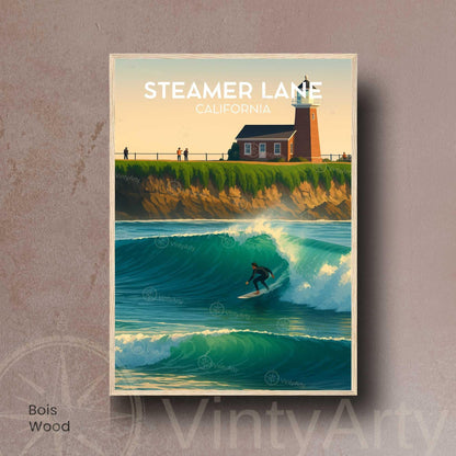 Affiche Steamer Lane Californie, poster voyage surf vintage rétro