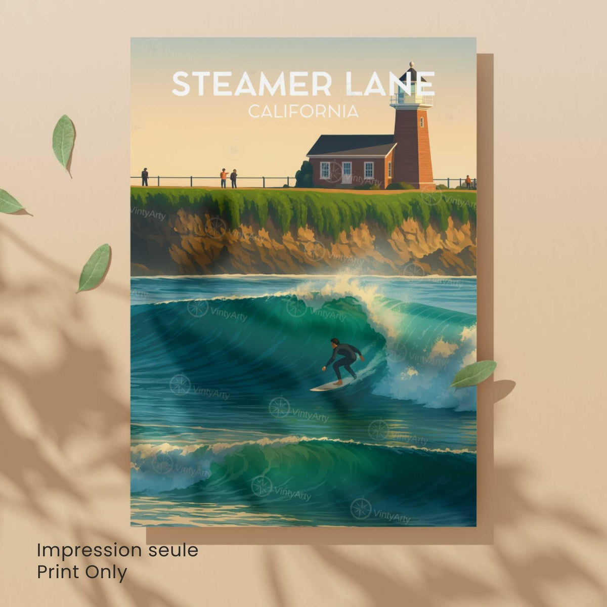 Affiche Steamer Lane Californie, poster voyage surf vintage rétro