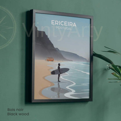 Ericeira surf poster Portugal coast, surfer holding board orange van, natural wood frame travel wall art