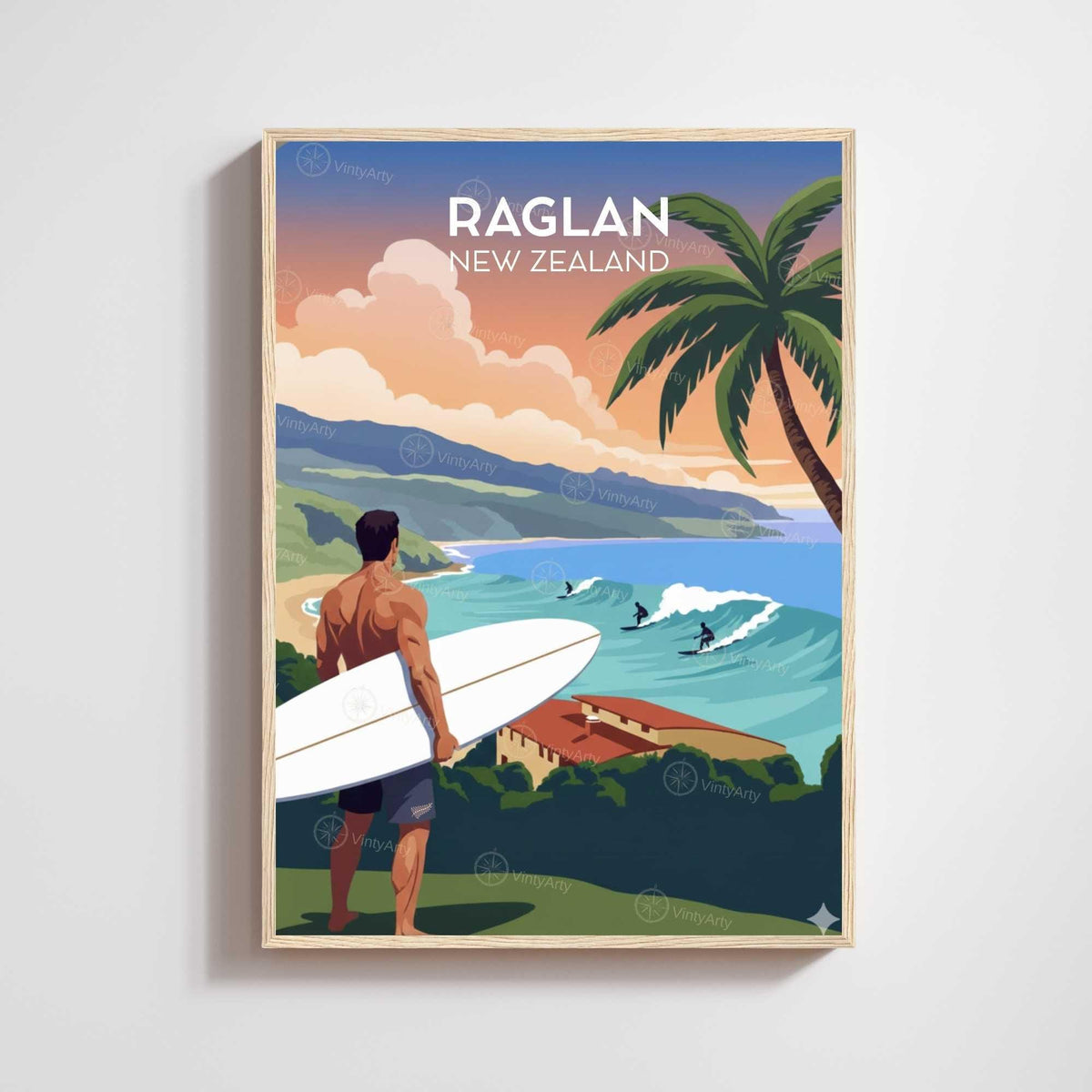 Raglan New Zealand print, surfer overlooking bay at sunset with palm tree and surfers, travel poster