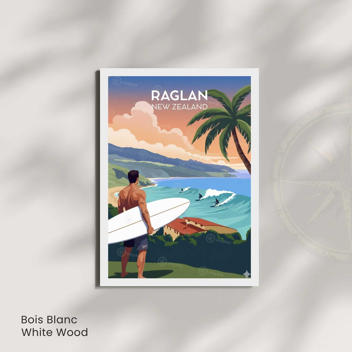 Affiche Raglan Nouvelle-Zélande, poster voyage surf coucher de soleil