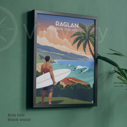 Raglan surf poster New Zealand coast, surfer holding board sunset ocean, natural wood frame travel wall art