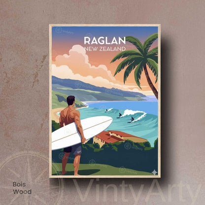 Affiche Raglan Nouvelle-Zélande, poster voyage surf coucher de soleil