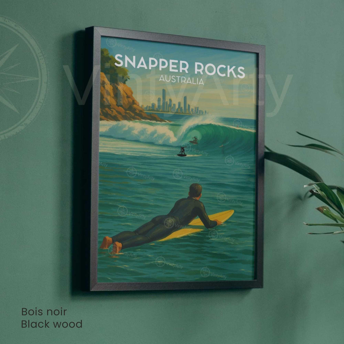 Snapper Rocks surf poster Gold Coast Australia, surfer emerald wave city skyline, natural wood frame wall art