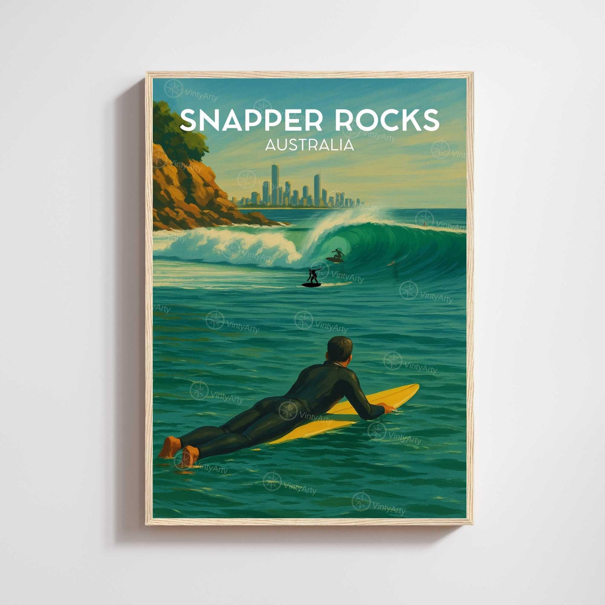 Snapper Rocks Australia print, surfer paddling out toward wave with Gold Coast skyline, vintage travel poster