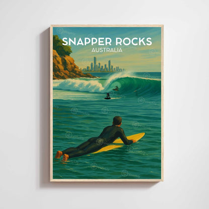 Snapper Rocks Australia print, surfer paddling out toward wave with Gold Coast skyline, vintage travel poster