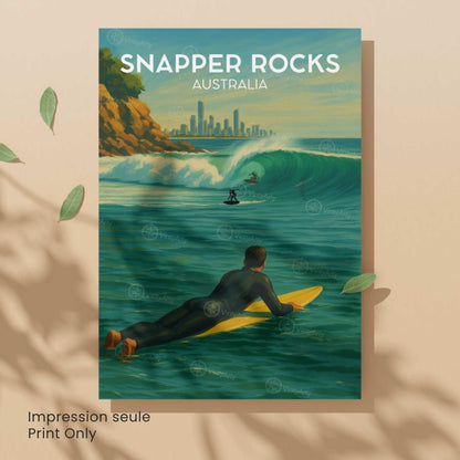 Vintage surf travel poster unframed, Snapper Rocks Australia surfer turquoise wave print