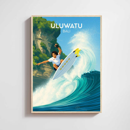 Affiche Uluwatu Bali, poster voyage surf vague dynamique