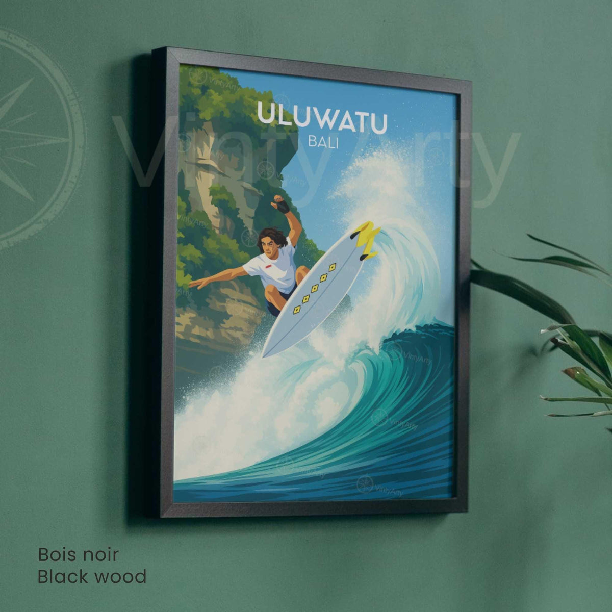 Affiche Uluwatu Bali, poster voyage surf vague dynamique