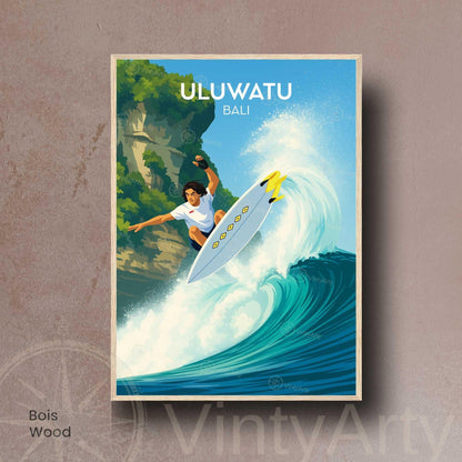 Affiche Uluwatu Bali, poster voyage surf vague dynamique